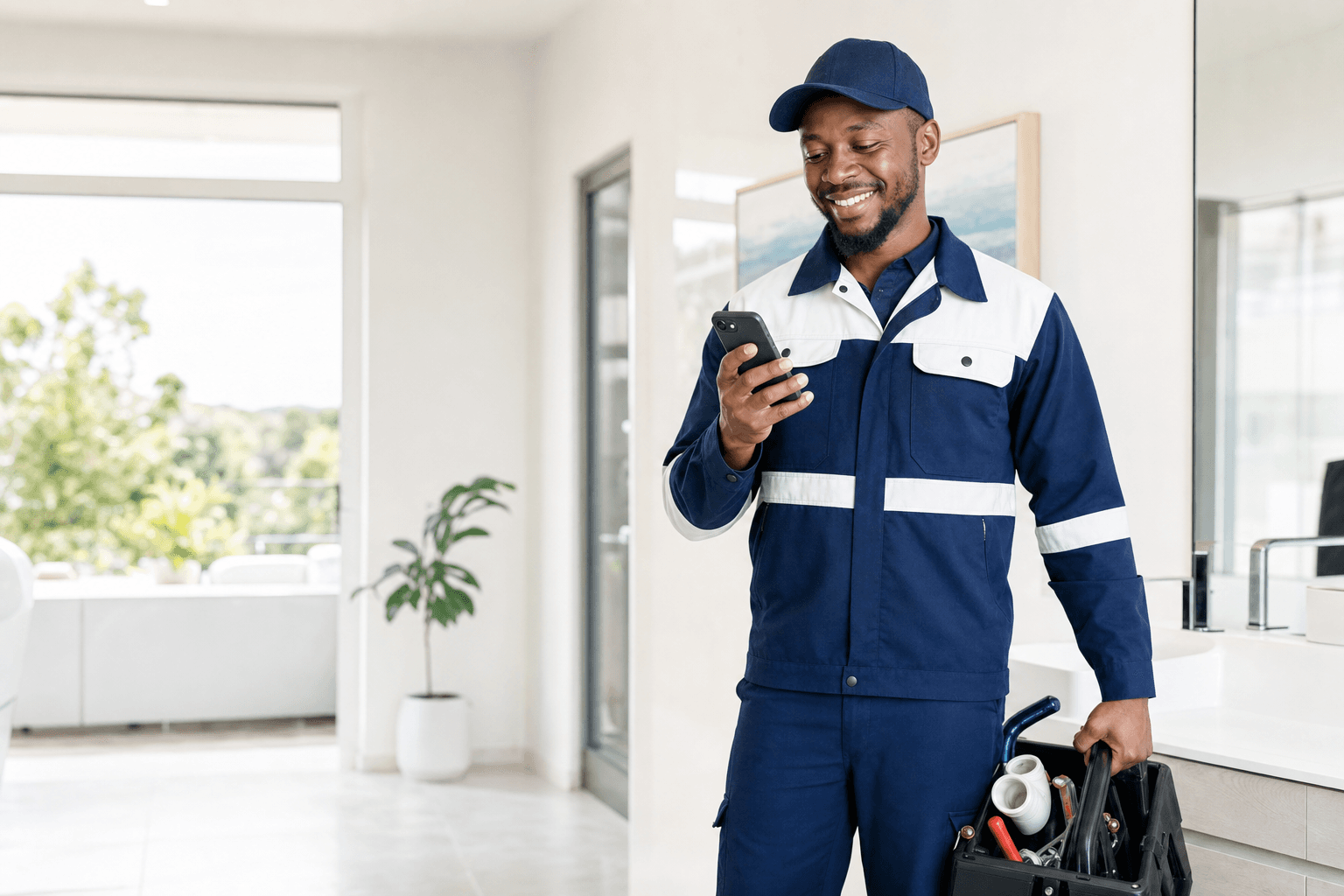 A South African plumber smiling at a job-booking notification on his phone